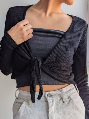 Black Ribbed Tie-Front Shrug
